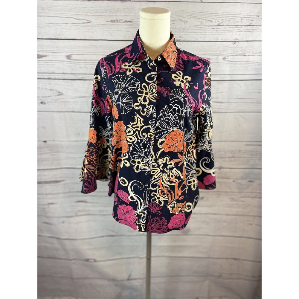 Chico’s Floral Boho Top Women’s Size 0 US 4 Navy Pink Orange 3/4 Sleeve
